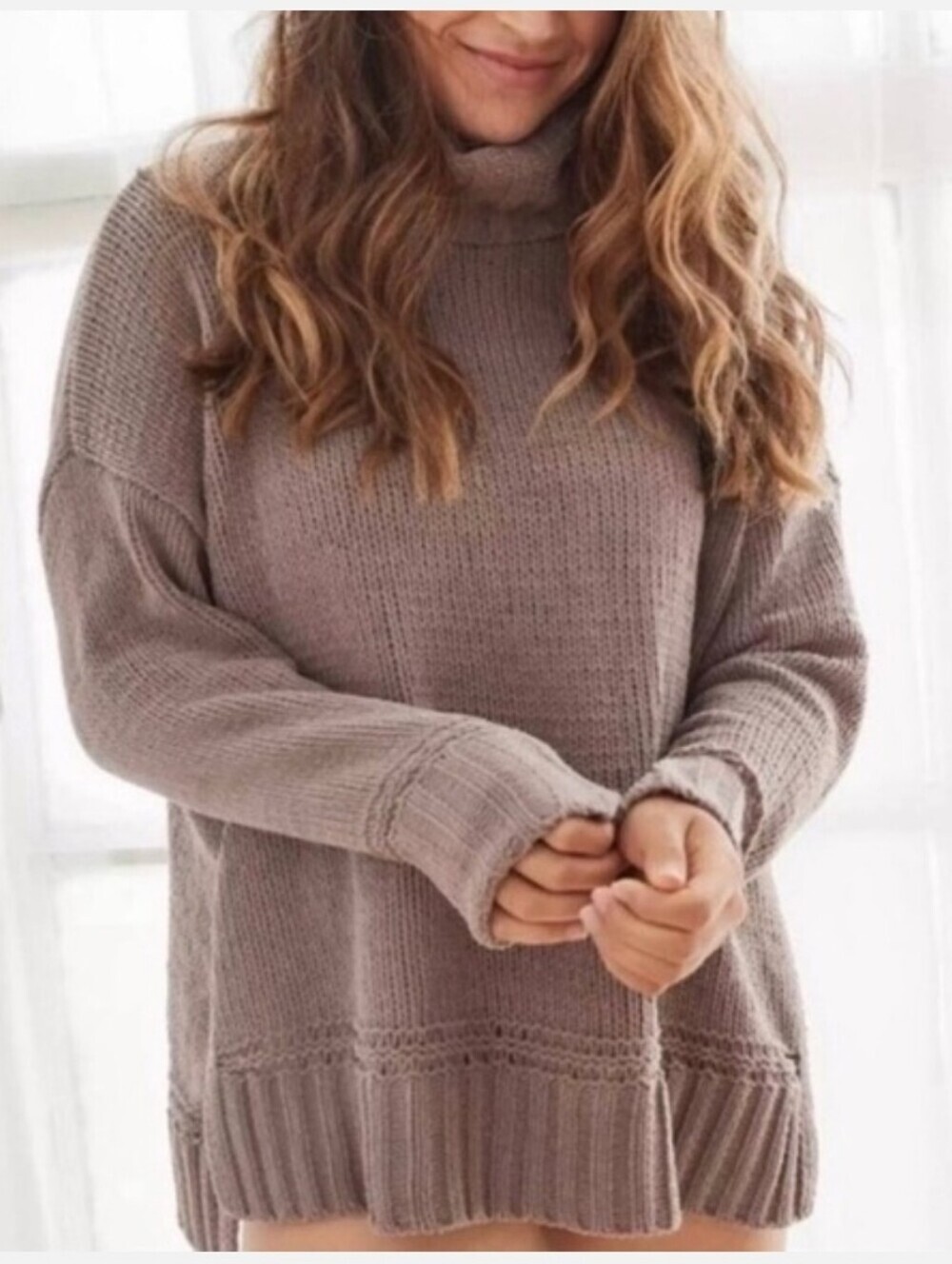 Aerie Dusty Gray Chunky Knit Turtleneck Sherpa Soft Pullover Sweater S Oversized